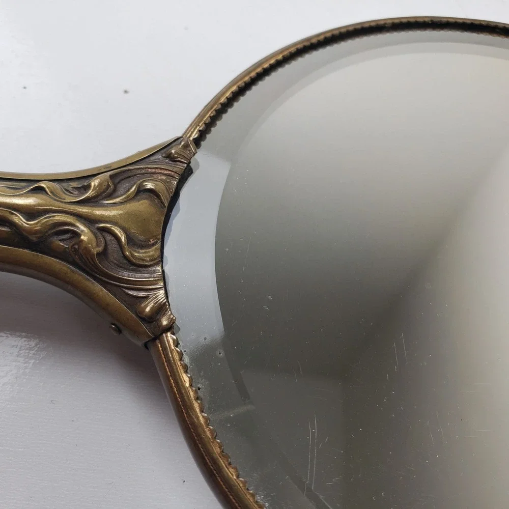 Vintage Victorian Style Hand Mirror Ornate Brass Porcelain Lady Red Cape Beveled